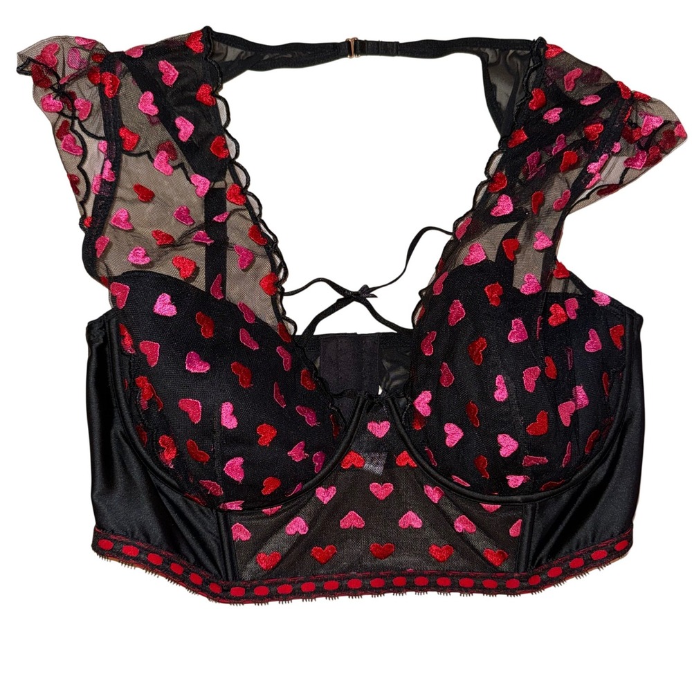 Crystal Martin Black Heart‎ Mesh Balconette Corset Bra Bustier Lingerie
